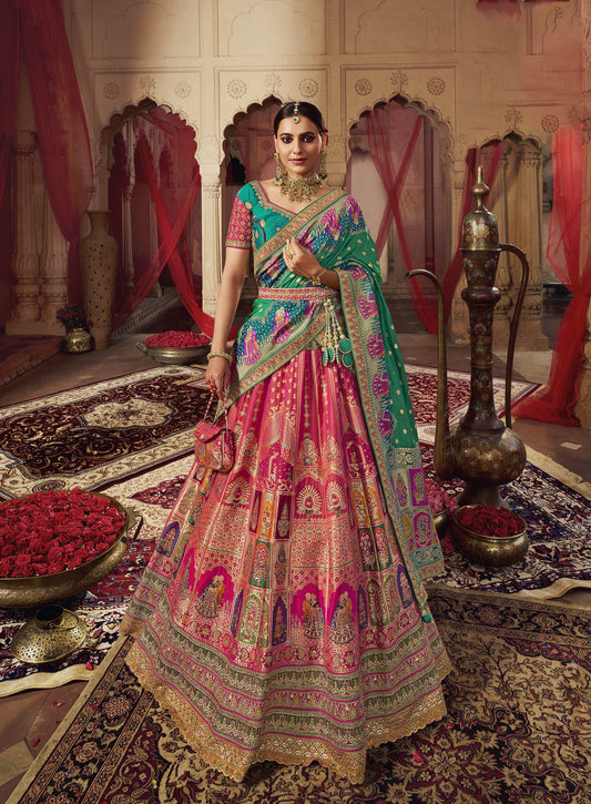 Green and Pink Sequins Work Banarasi Silk Bridal Lehenga