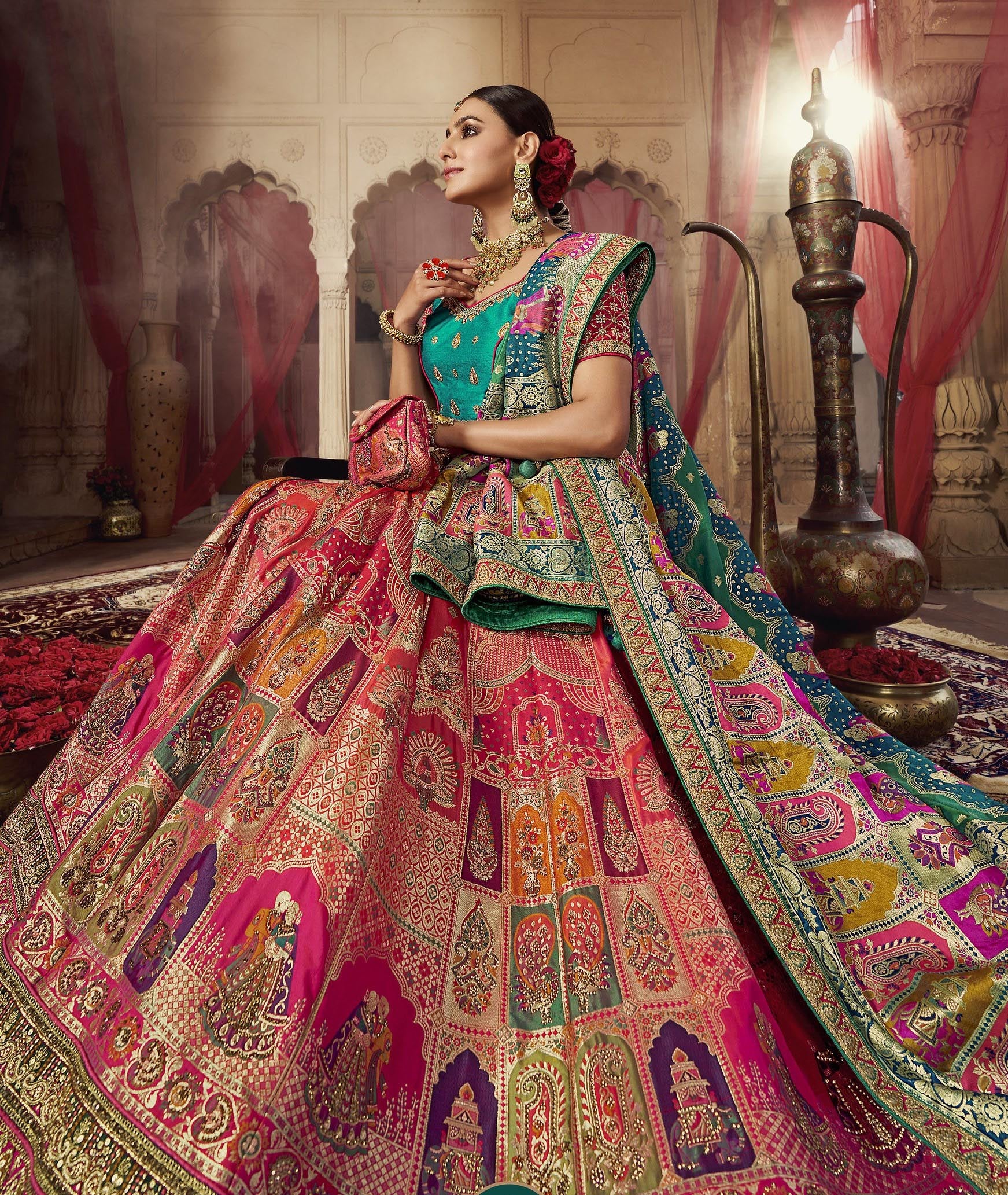Green and Pink Sequins Work Banarasi Silk Bridal Lehenga