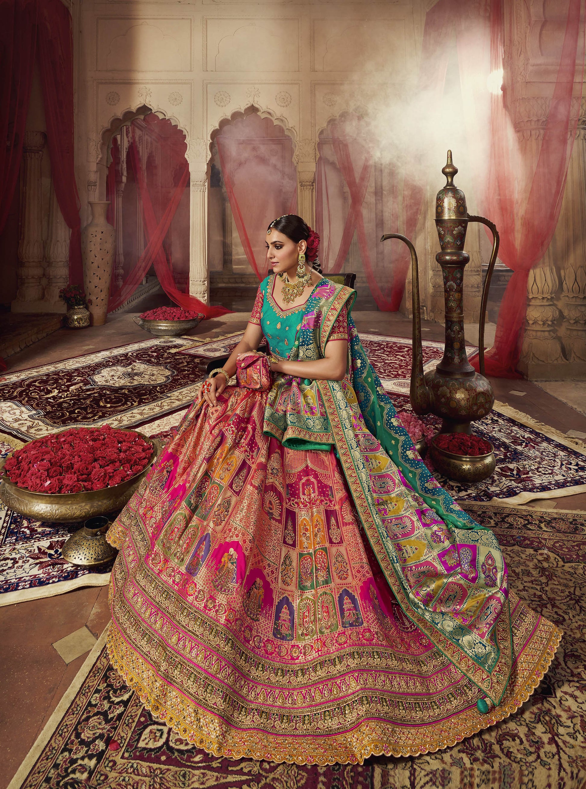 Green and Pink Sequins Work Banarasi Silk Bridal Lehenga