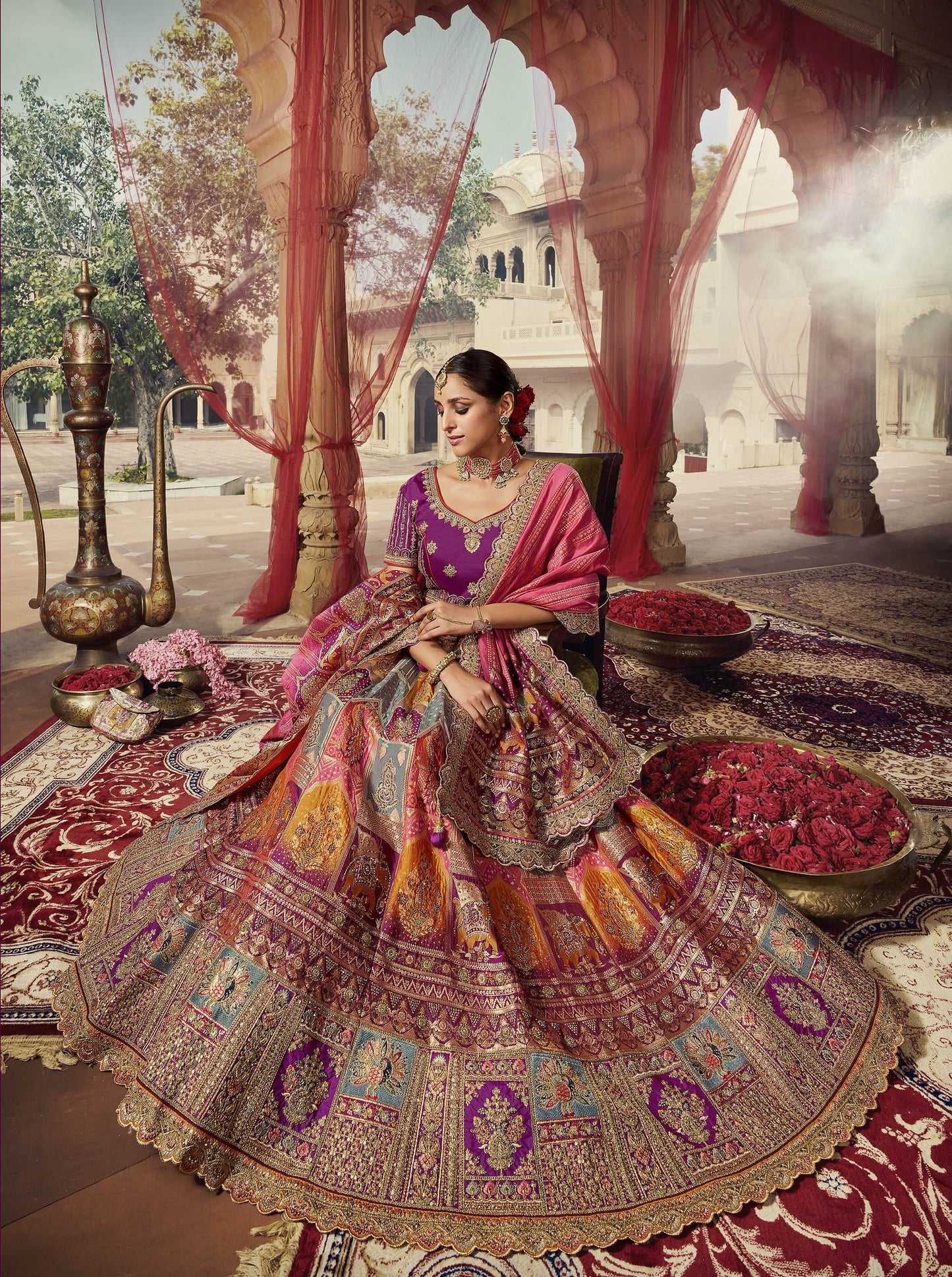 Purple and Yellow Sequins Work Banarasi Silk Bridal Lehenga