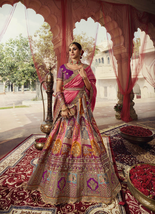 Purple and Yellow Sequins Work Banarasi Silk Bridal Lehenga
