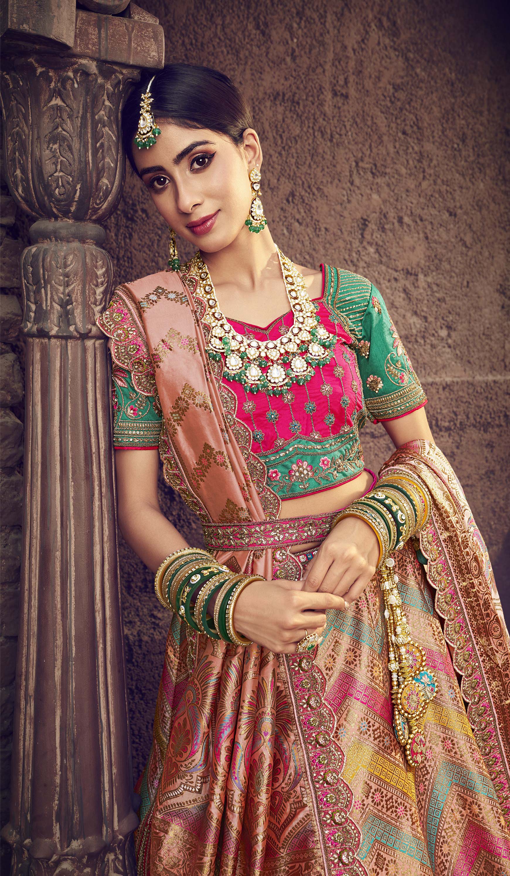 Multi Color Silk Resham Embroidered Bridal Lehenga Choli