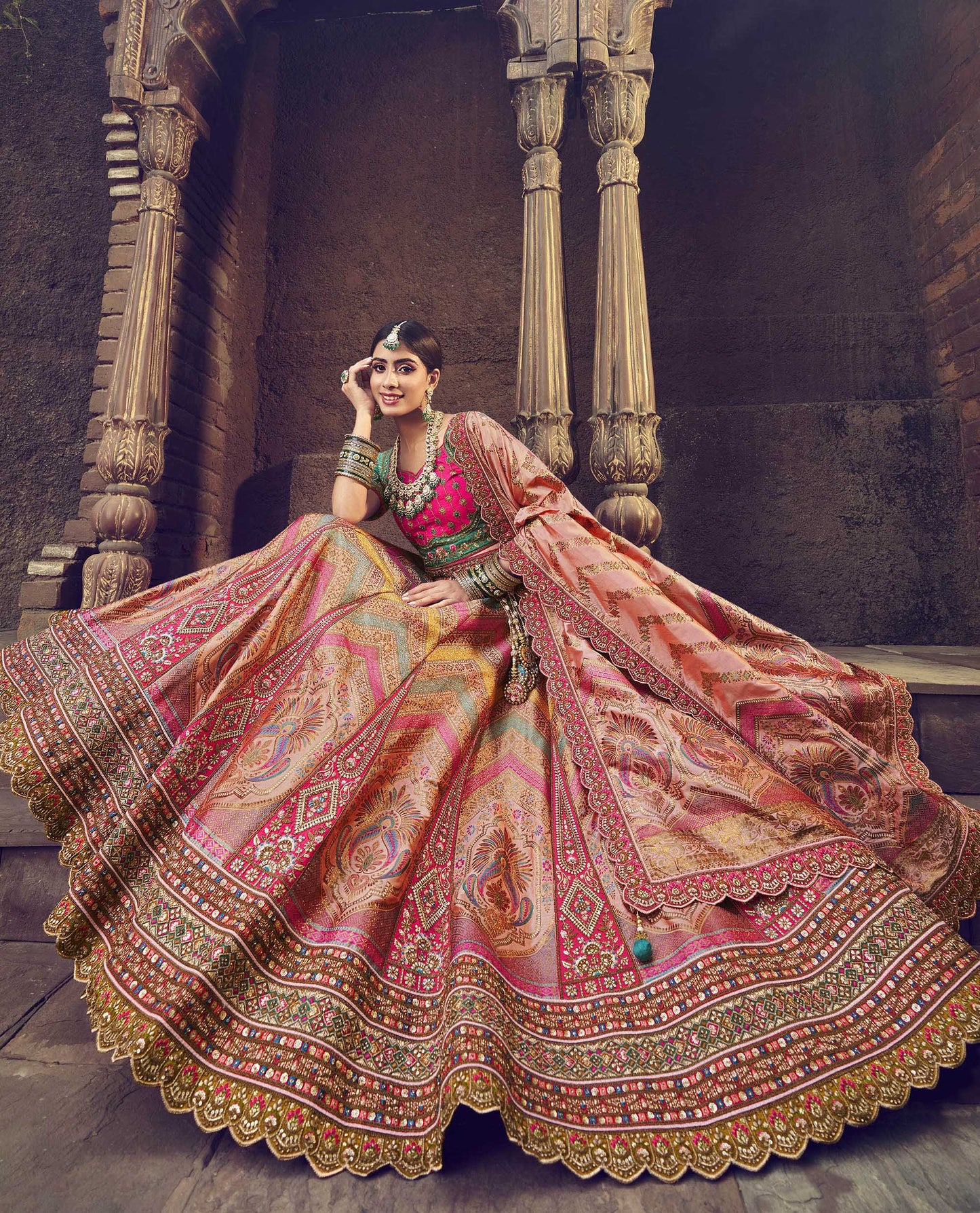 Multi Color Silk Resham Embroidered Bridal Lehenga Choli
