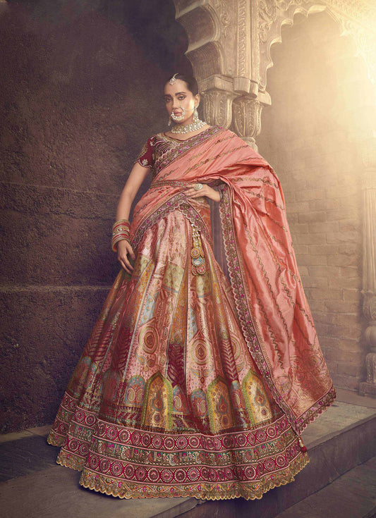 Peach Silk Resham Embroidered Bridal Lehenga Choli