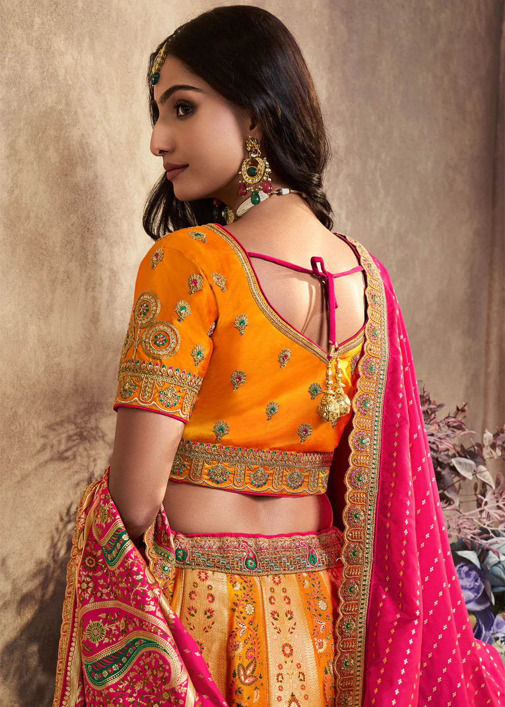 Yellow, Pink Banarasi Silk Sequence Embroidered Royal Bridal Lehenga