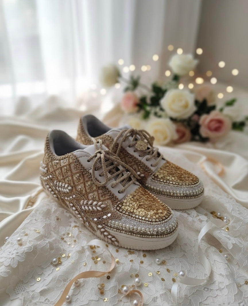 Golden Sequin Bridal Sneakers – Handcrafted Wedding Shoes for Brides