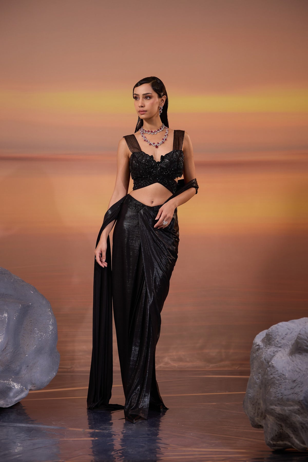 Black Embellished Strappy Blouse with Hand Embroidered Lyra Saree Set