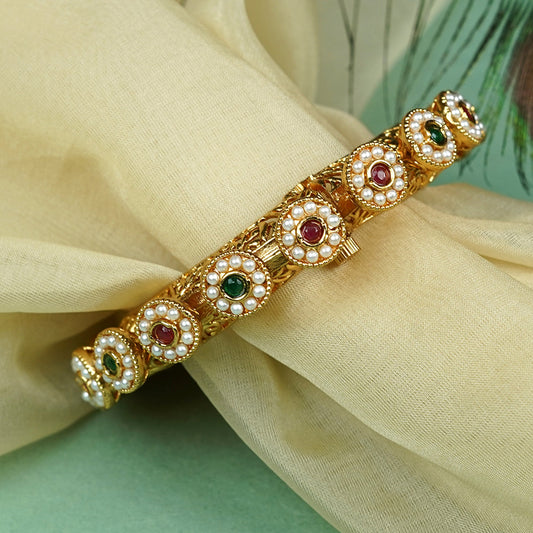 Zevar Club Set of 2 22K Gold-Plated Handcrafted Bangles  with Ruby Emerald Kundan Floral & Pearl Accents