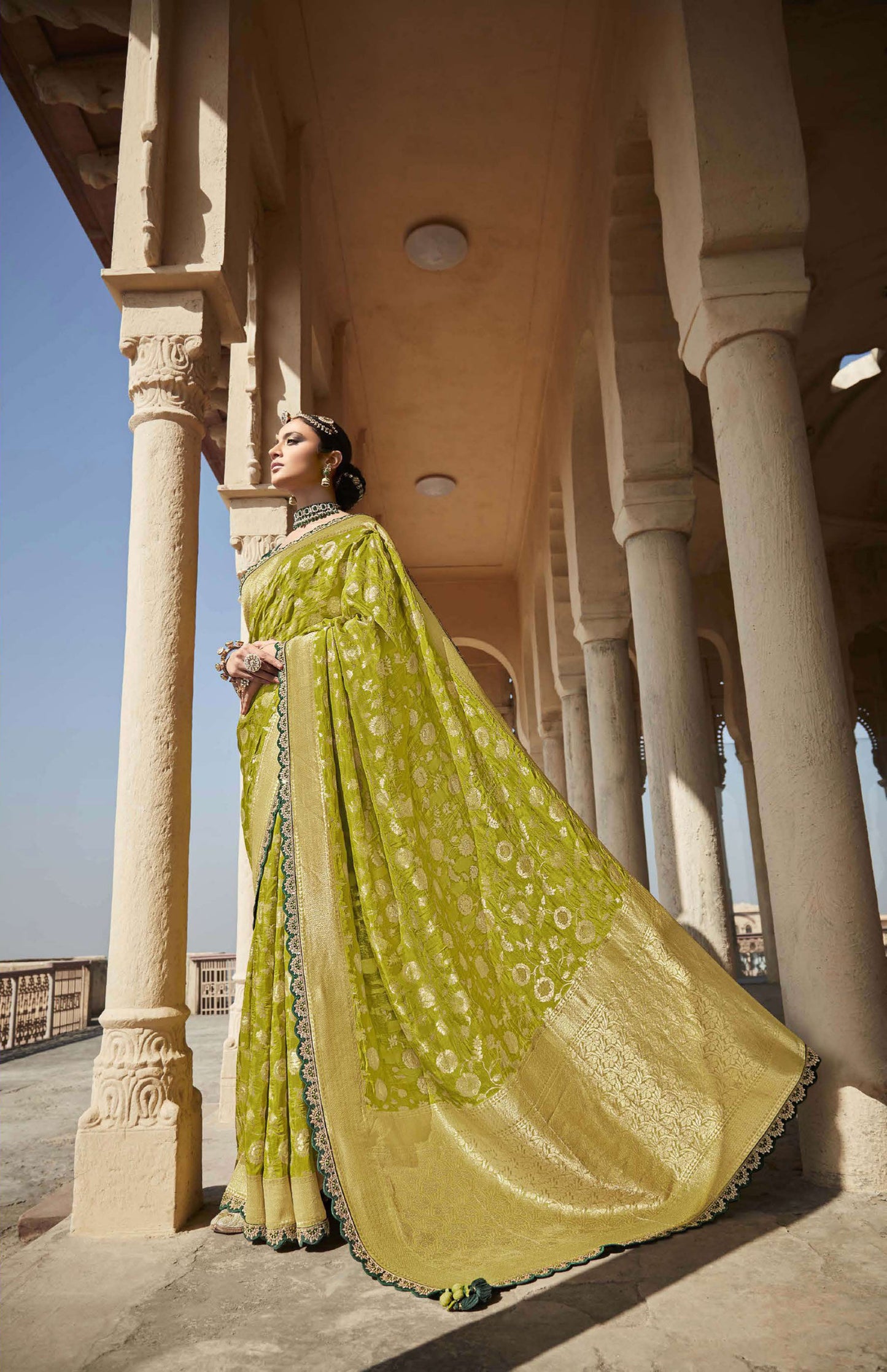 Olive Green Dola Silk Sequins Sindhuri Rani Wedding saree