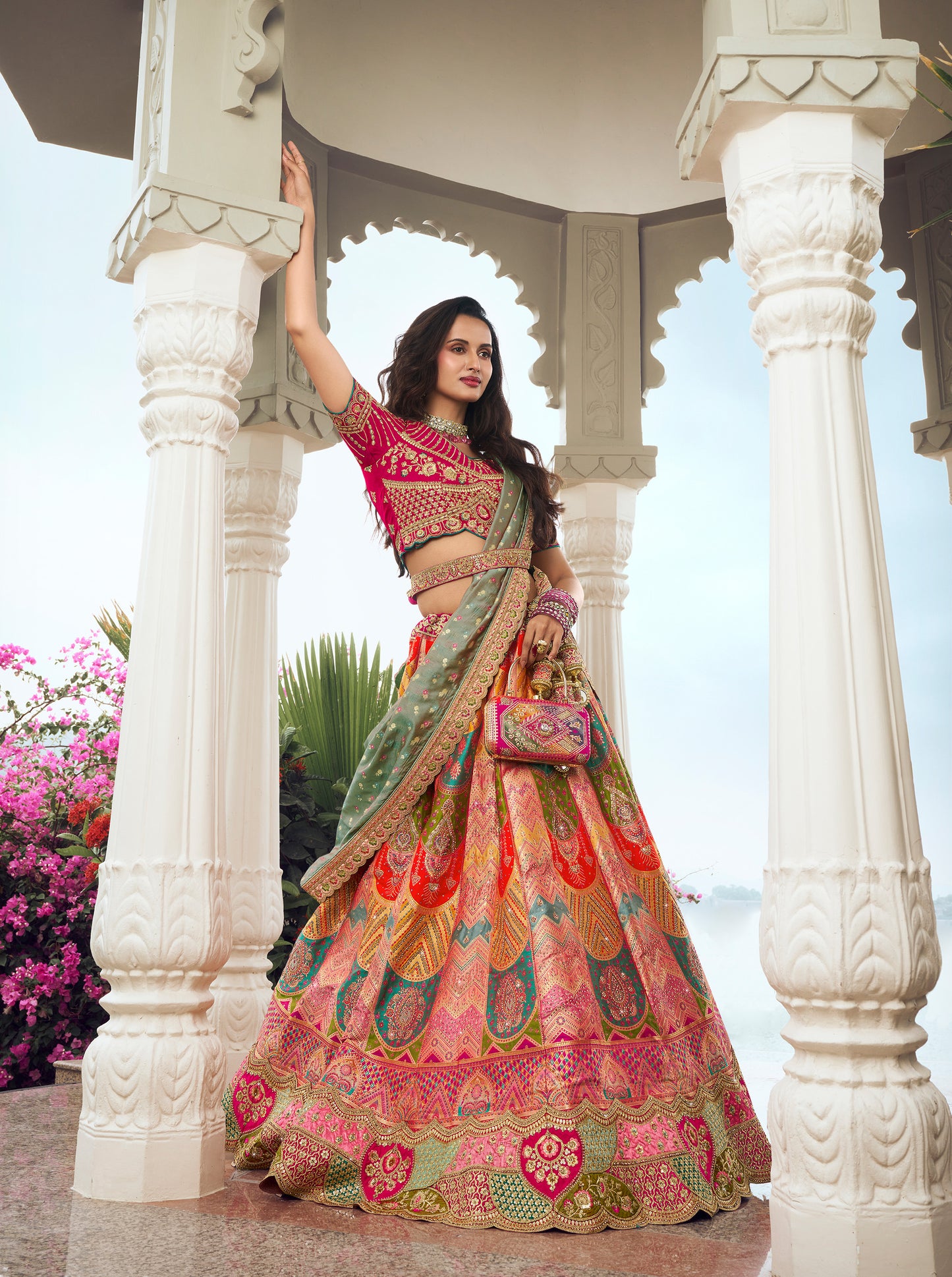 Multi color and Pink Blouse Banarasi Silk Zarkan Embroidered Umbrella Royal Bridal Lehenga