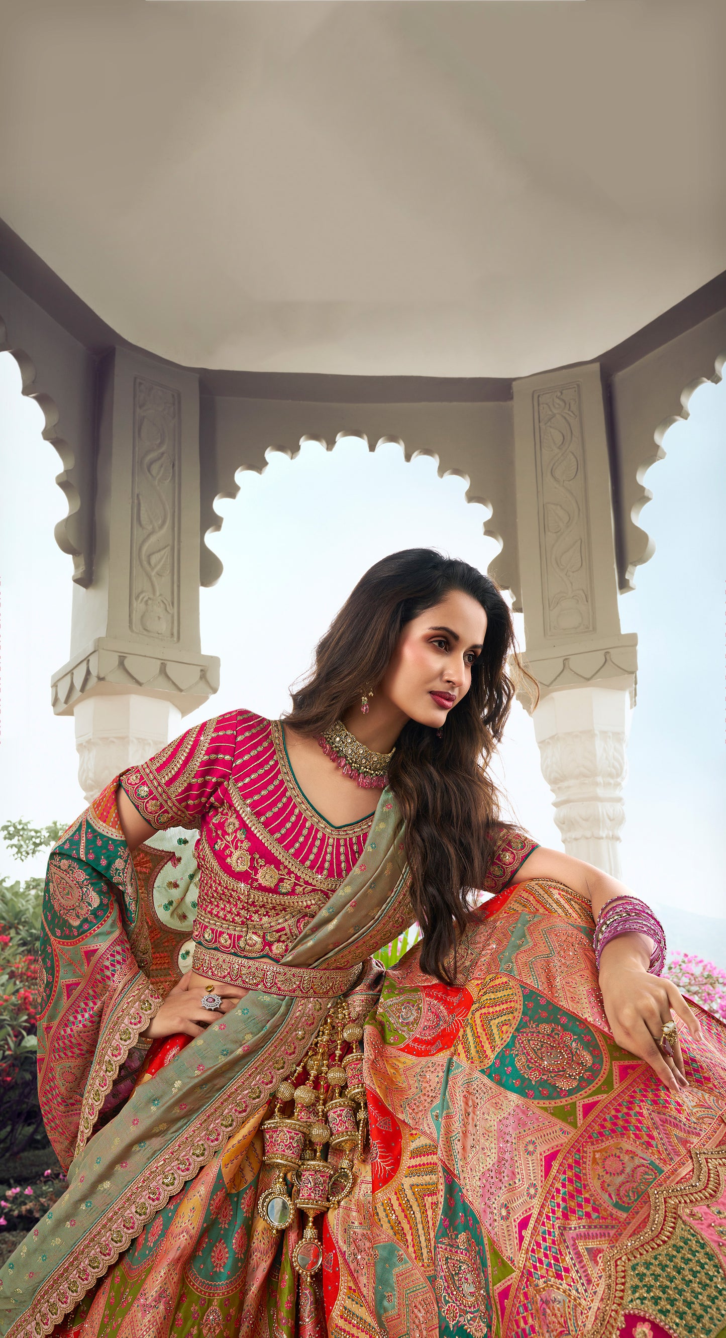 Multi color and Pink Blouse Banarasi Silk Zarkan Embroidered Umbrella Royal Bridal Lehenga