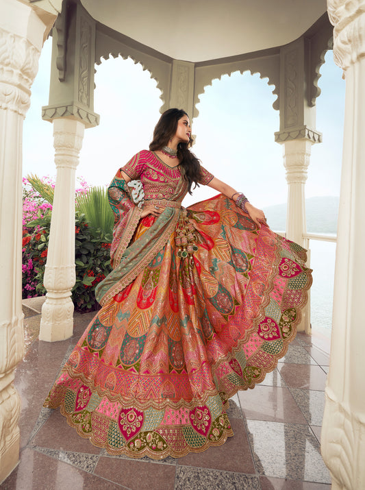Multi color and Pink Blouse Banarasi Silk Zarkan Embroidered Umbrella Royal Bridal Lehenga
