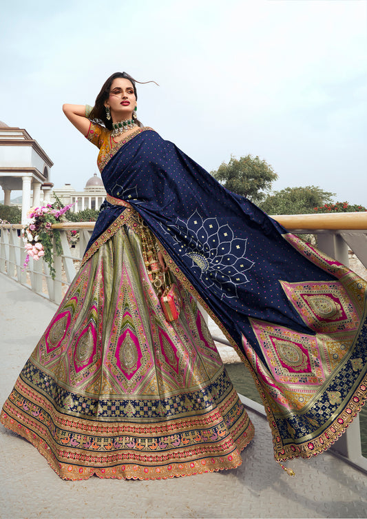 Blue Banarasi Silk Zarkan Embroidered Umbrella Royal Bridal Lehenga