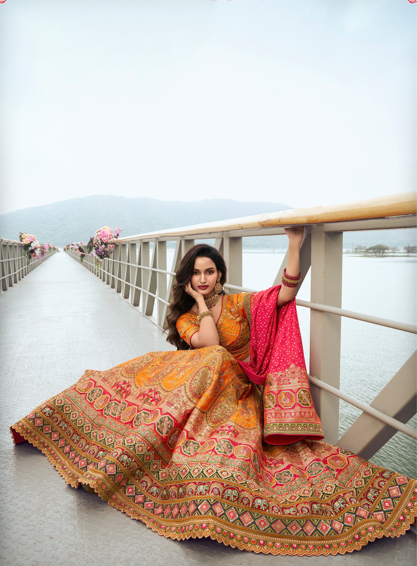 Mustard Banarasi Silk Zarkan Embroidered Umbrella Royal Bridal Lehenga