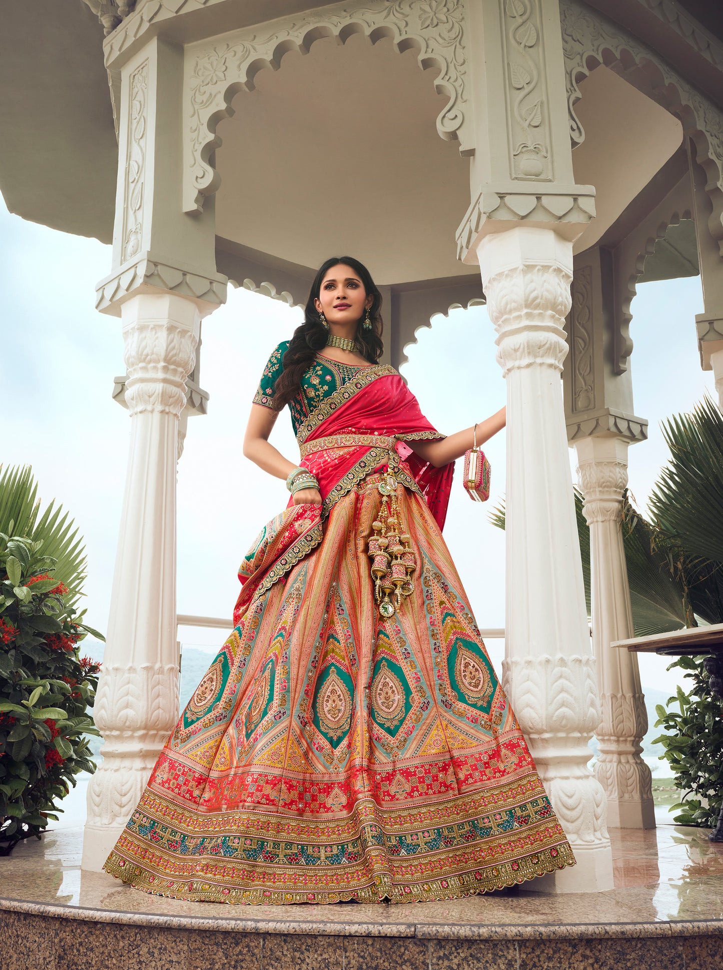 Dark Green Banarasi Silk Zarkan Embroidered Umbrella Royal Bridal Lehenga