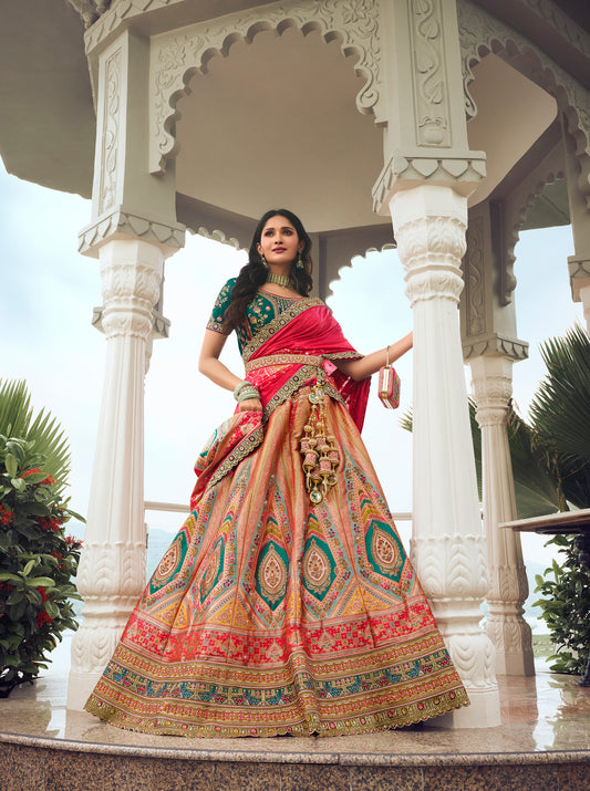 Dark Green Banarasi Silk Zarkan Embroidered Umbrella Royal Bridal Lehenga