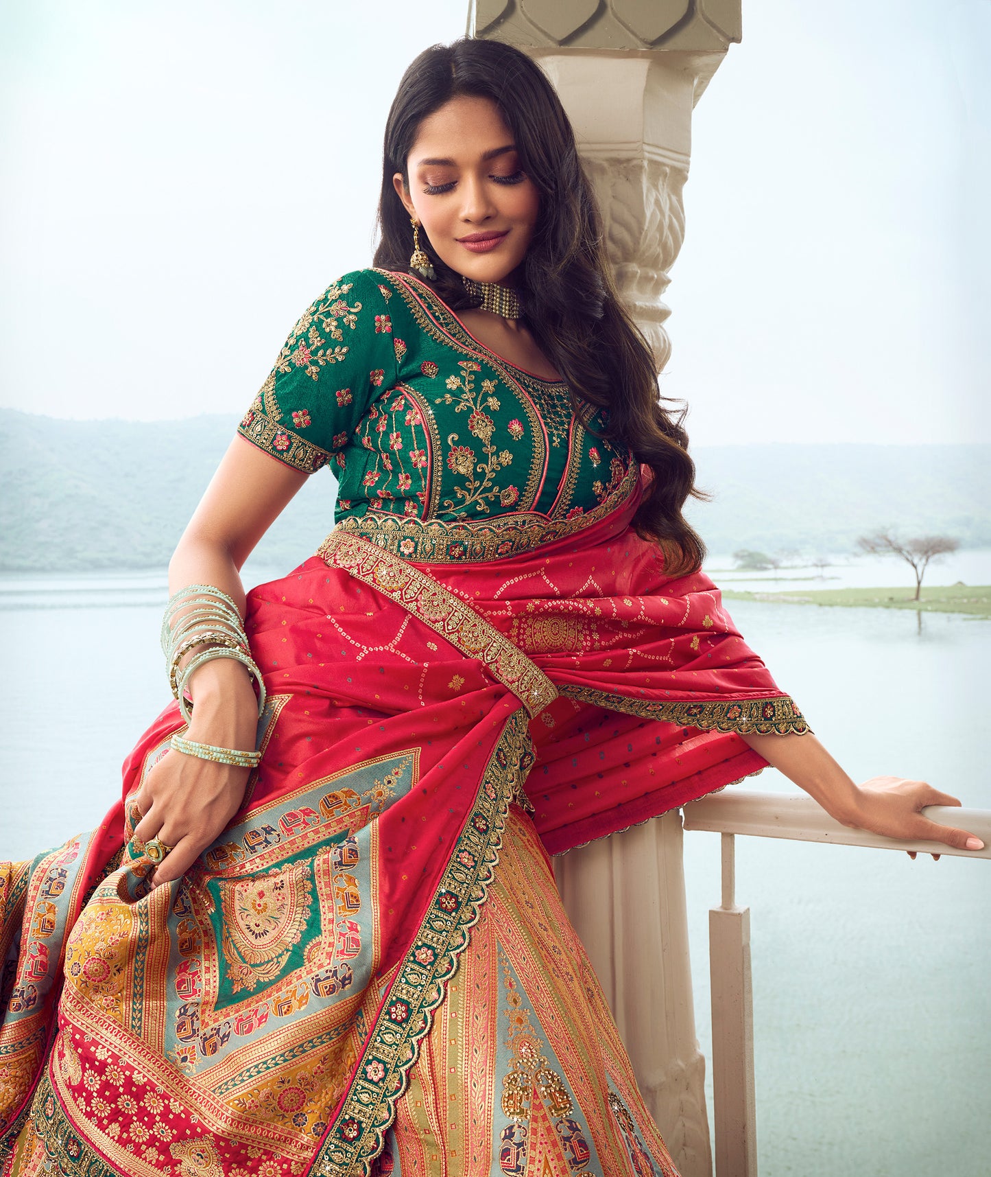 Dark Green Banarasi Silk Zarkan Embroidered Umbrella Royal Bridal Lehenga