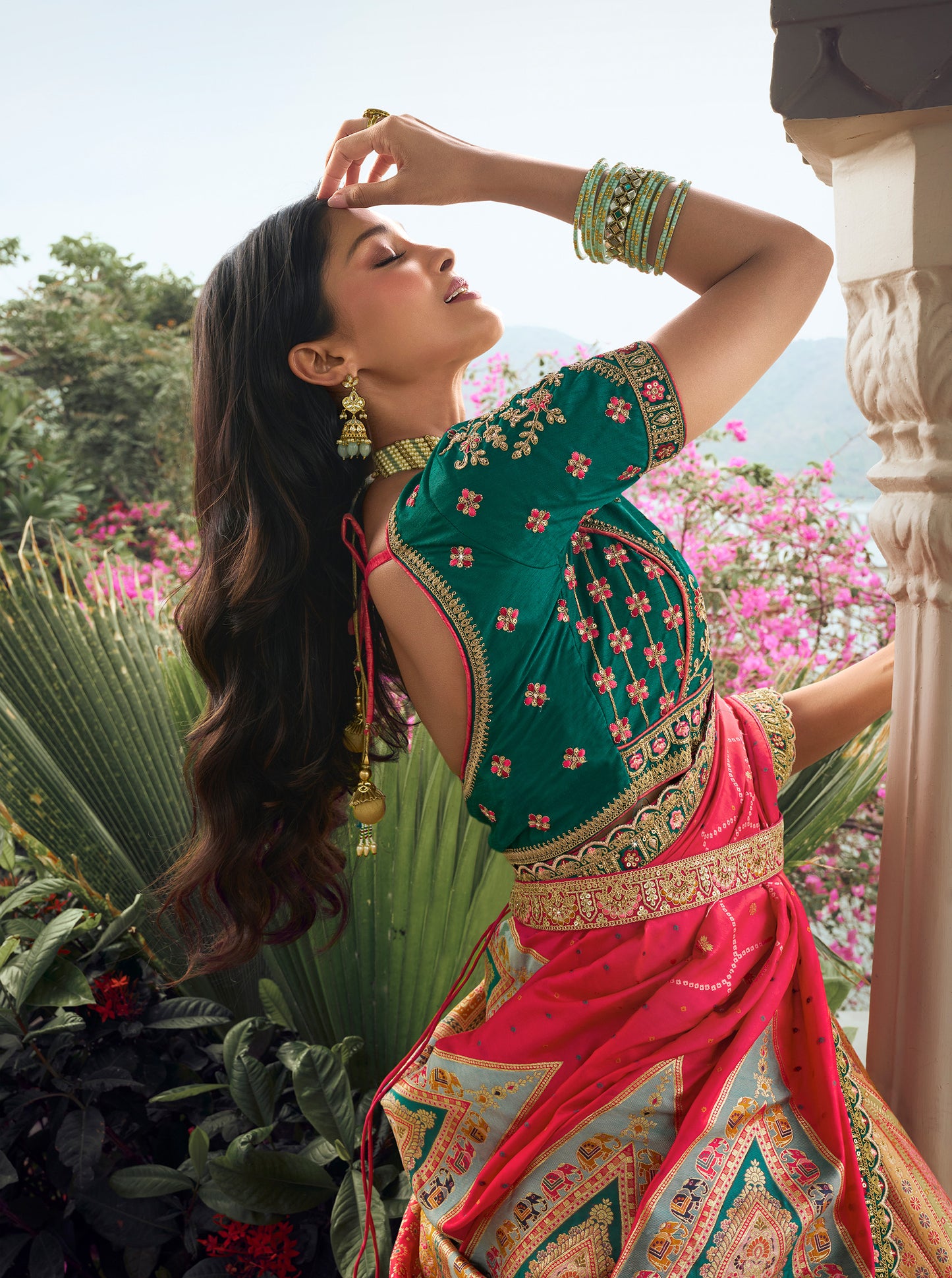 Dark Green Banarasi Silk Zarkan Embroidered Umbrella Royal Bridal Lehenga