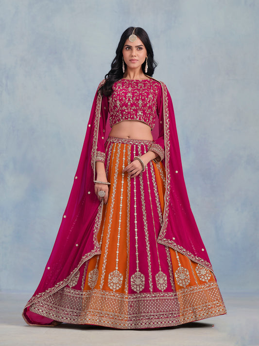 Pink & Mustard Faux Georgette Heavy Sequins Embroidered Sangeet Lehenga