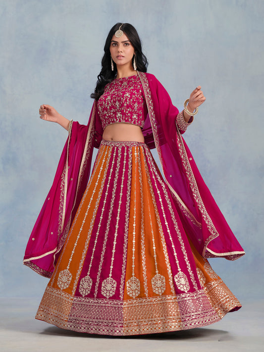 Pink & Mustard Faux Georgette Heavy Sequins Embroidered Sangeet Lehenga