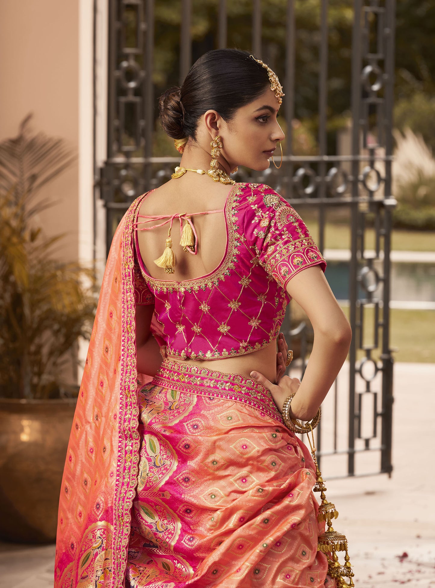 Dark Pink Zari Embroidered Banarasi Silk Bridal Lehenga