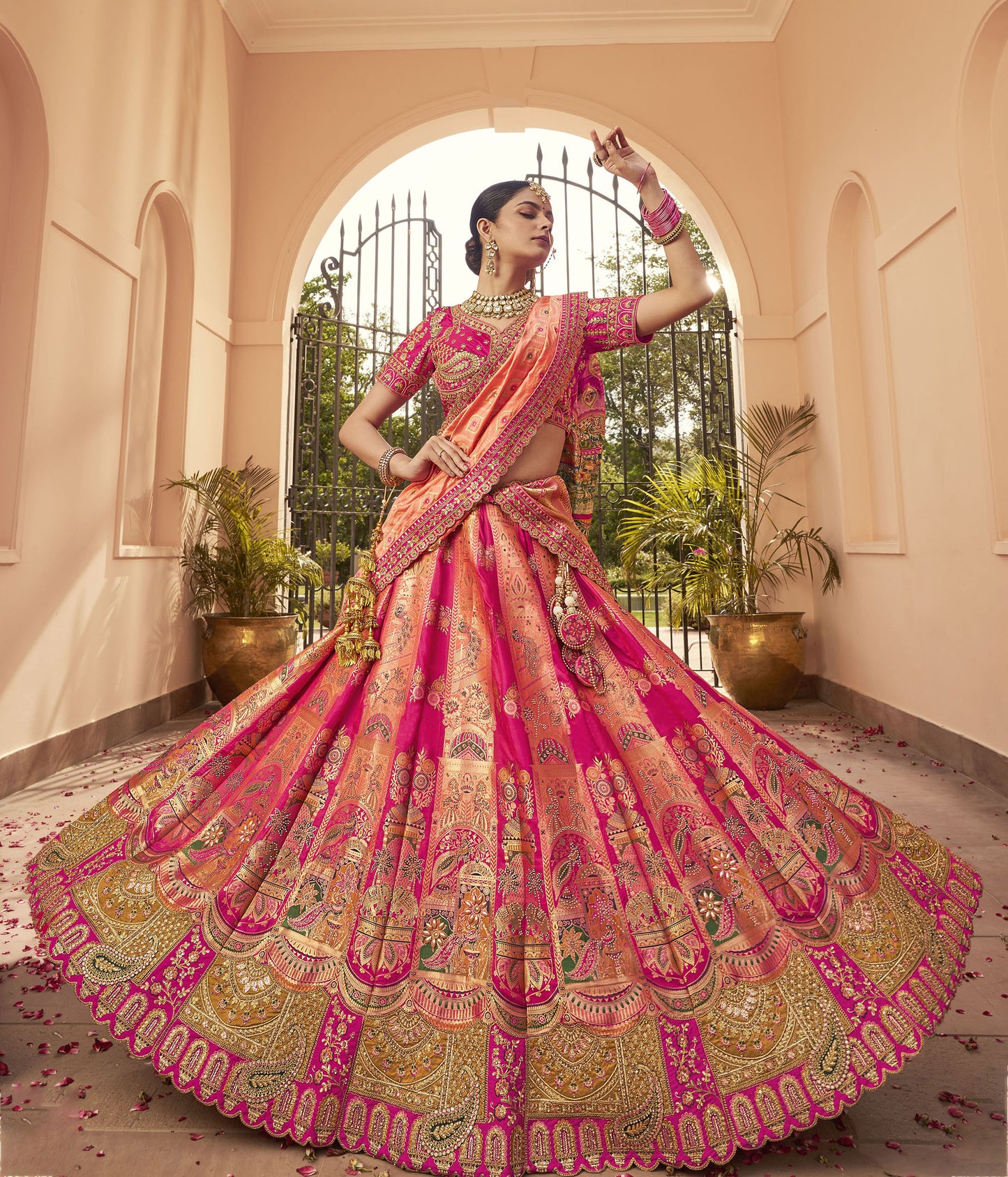 Dark Pink Zari Embroidered Banarasi Silk Bridal Lehenga