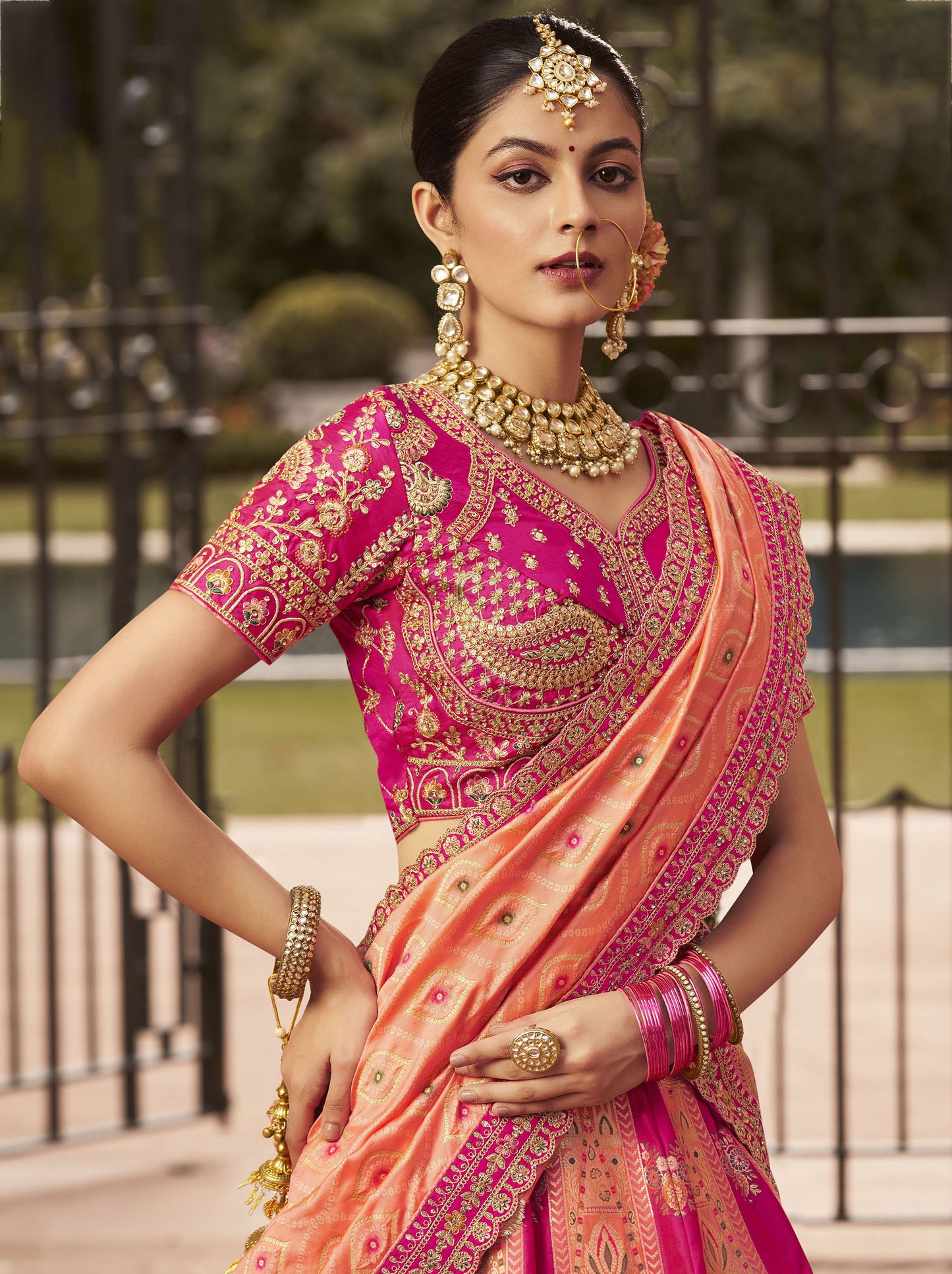 Dark Pink Zari Embroidered Banarasi Silk Bridal Lehenga