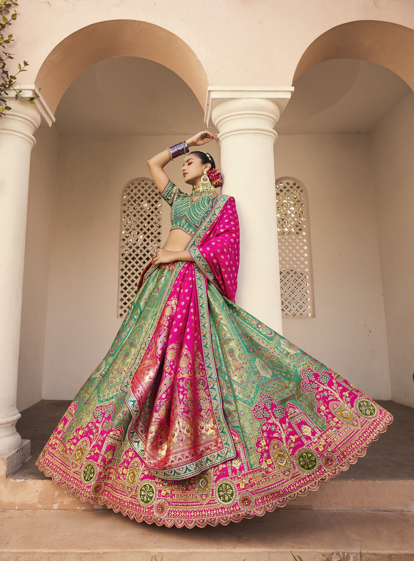 Green & Pink Zari Embroidered Banarasi Silk Bridal Lehenga