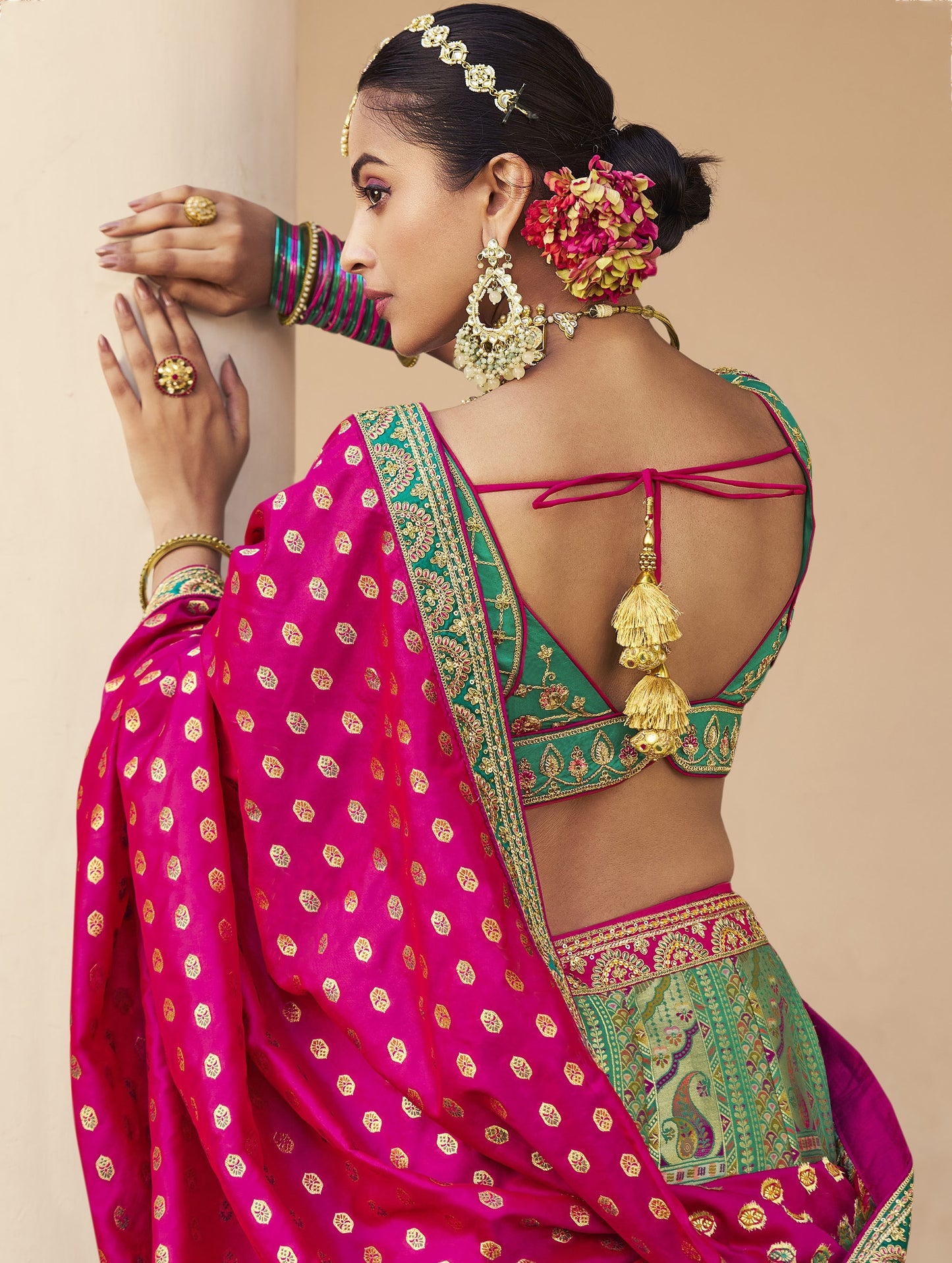 Green & Pink Zari Embroidered Banarasi Silk Bridal Lehenga