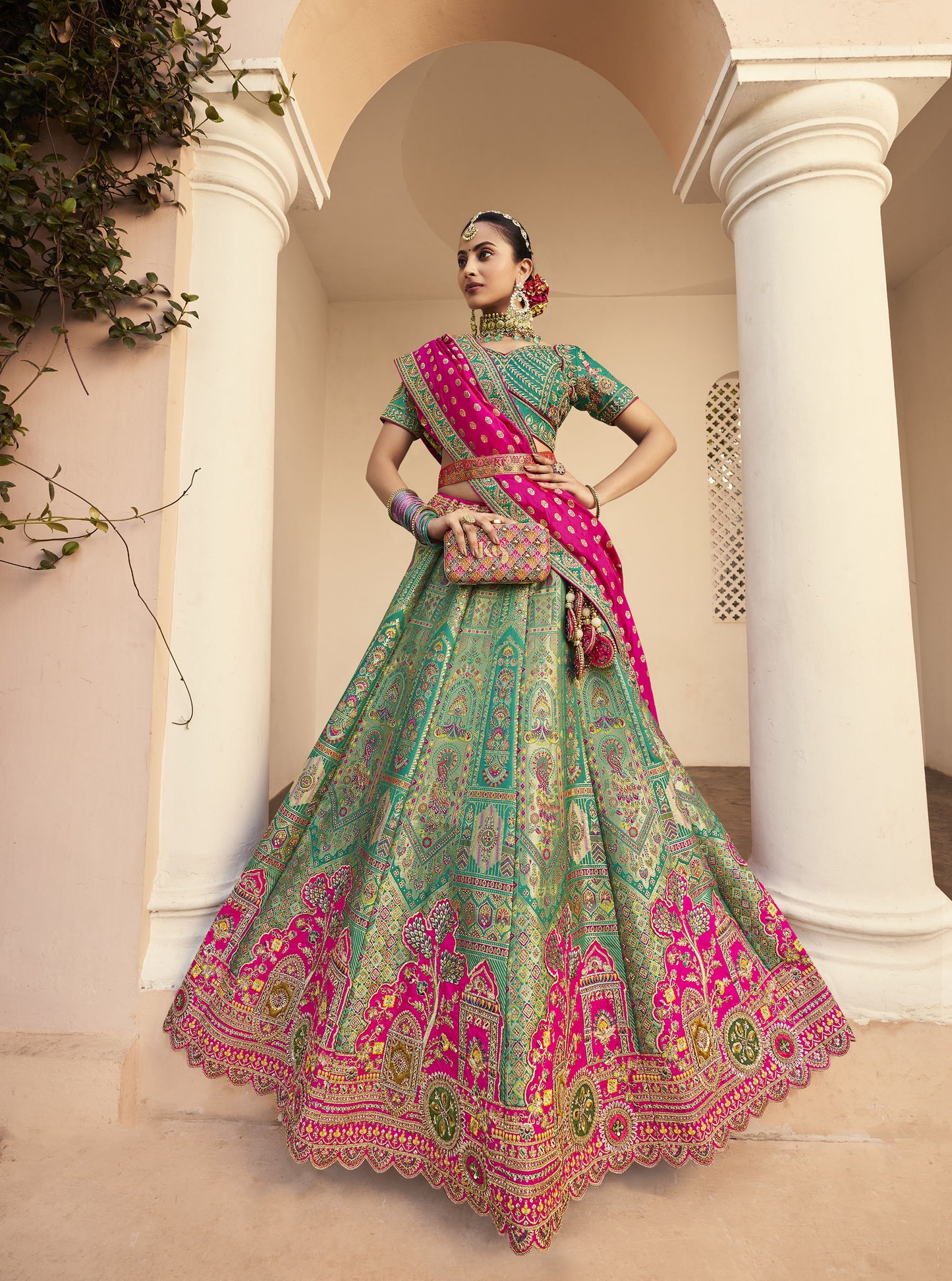 Green & Pink Zari Embroidered Banarasi Silk Bridal Lehenga
