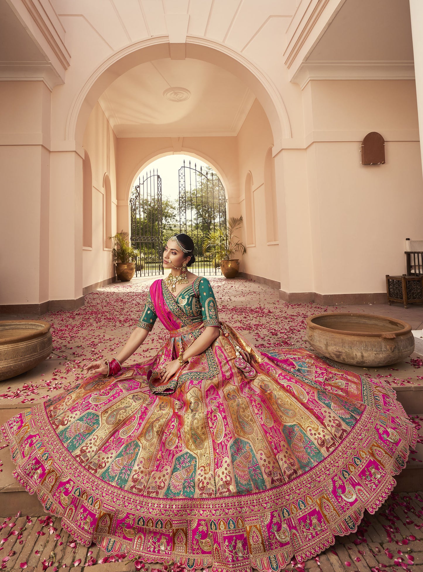 Pink & Green Zari Embroidered Banarasi Silk Bridal Lehenga