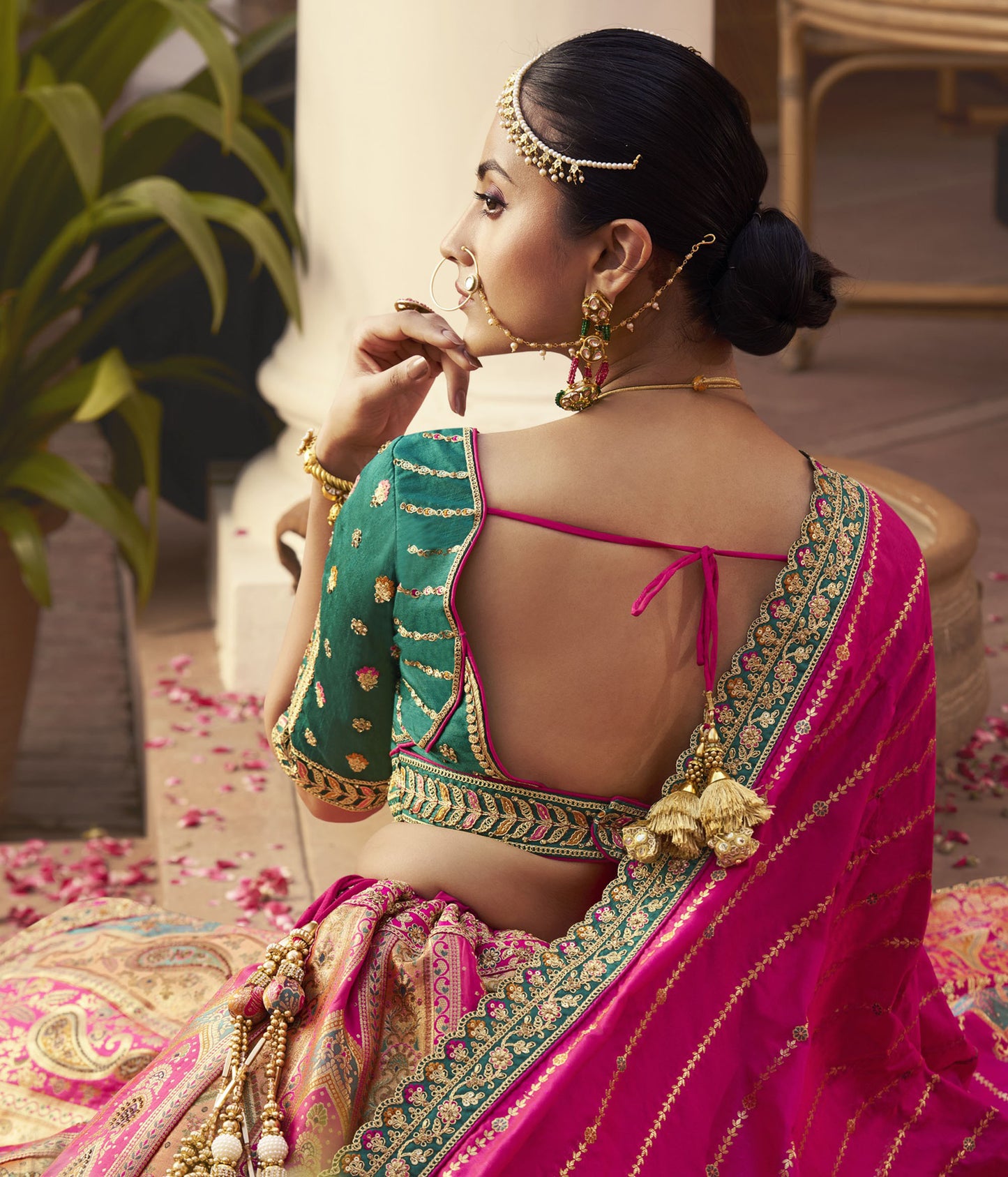 Pink & Green Zari Embroidered Banarasi Silk Bridal Lehenga