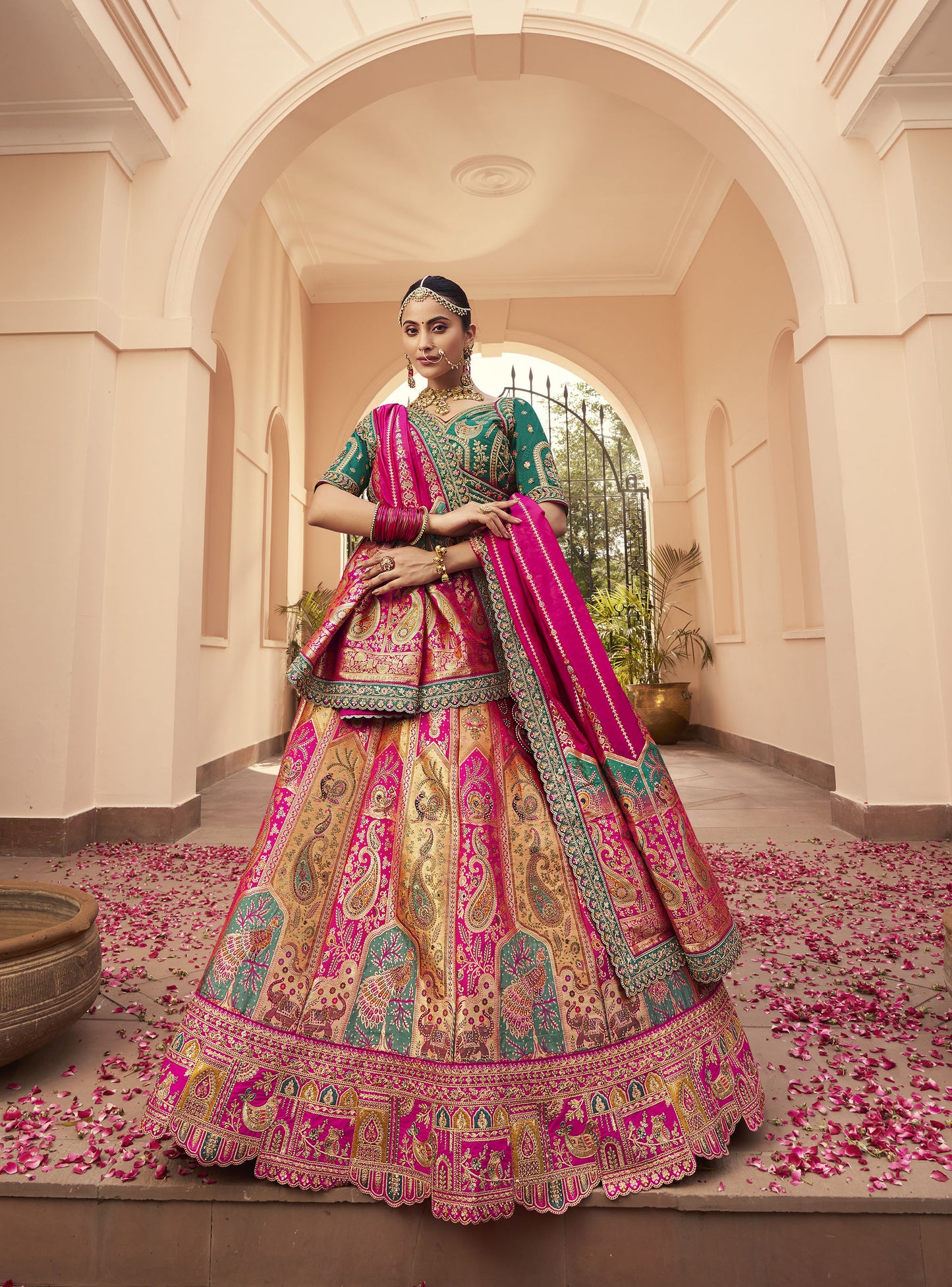 Pink & Green Zari Embroidered Banarasi Silk Bridal Lehenga