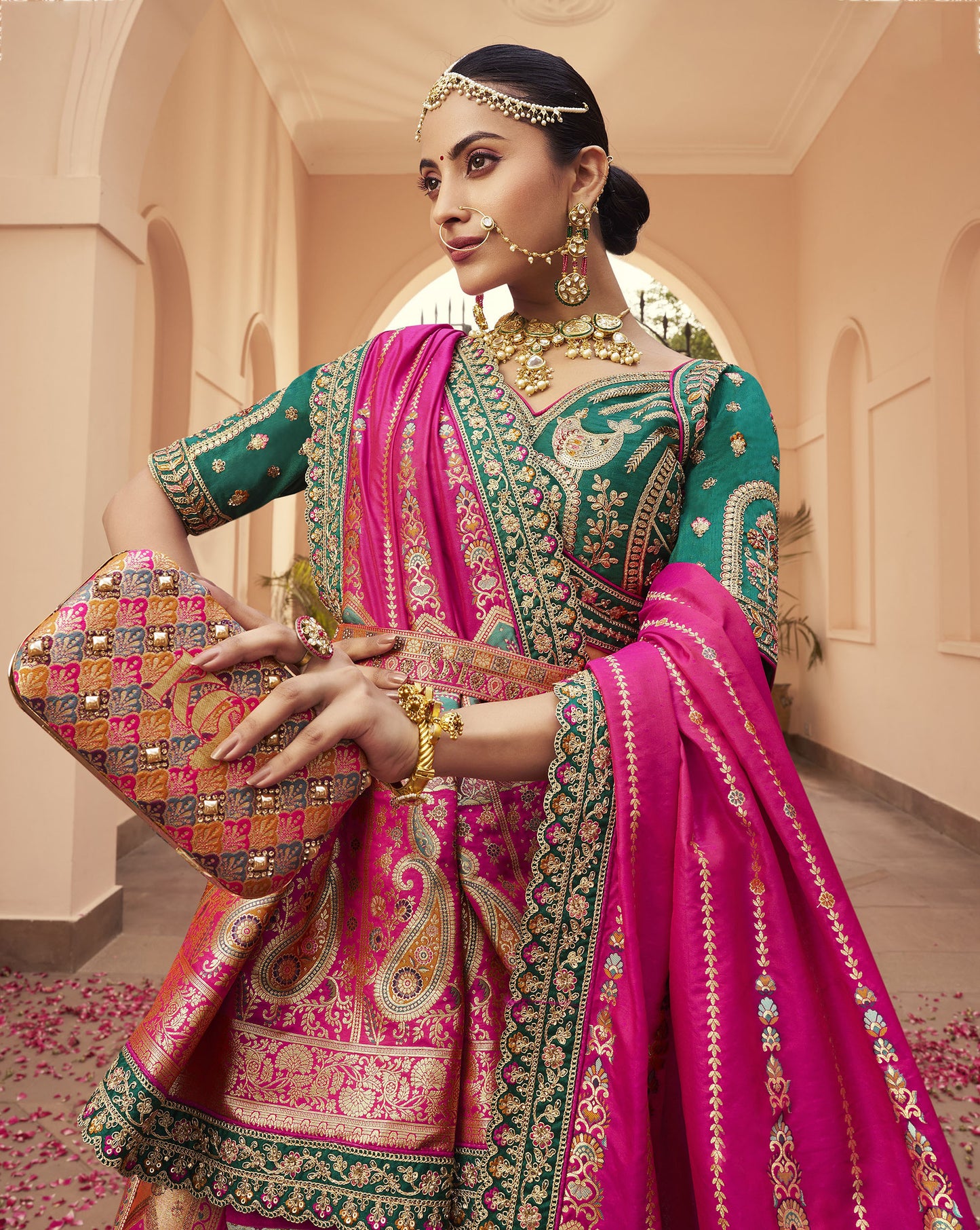 Pink & Green Zari Embroidered Banarasi Silk Bridal Lehenga