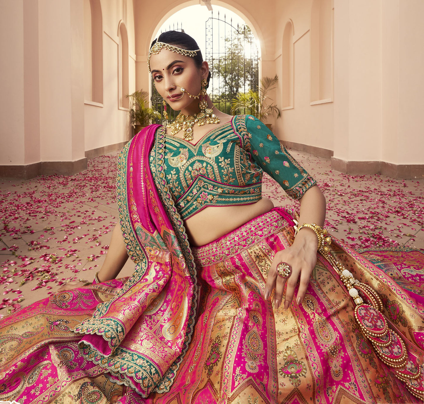 Pink & Green Zari Embroidered Banarasi Silk Bridal Lehenga