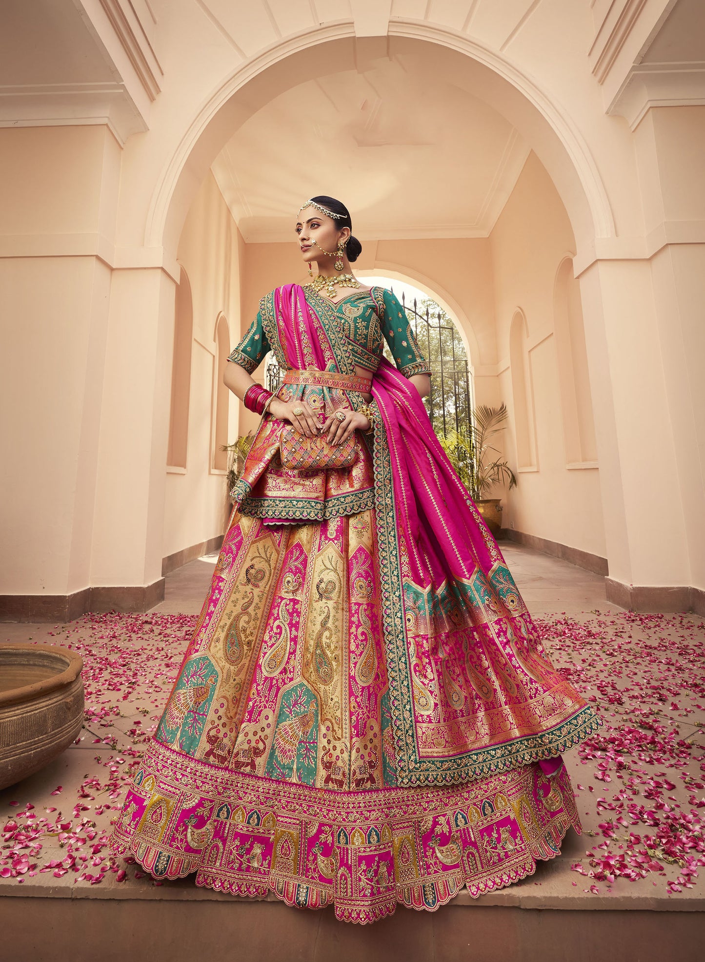 Pink & Green Zari Embroidered Banarasi Silk Bridal Lehenga