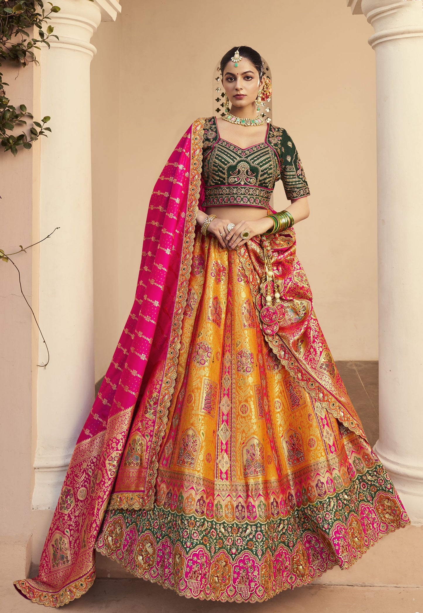 Green & Orange Zari Weaving Banarasi Silk Bridal Lehenga
