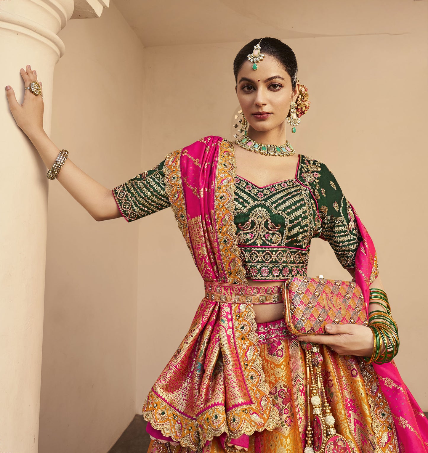 Green & Orange Zari Weaving Banarasi Silk Bridal Lehenga