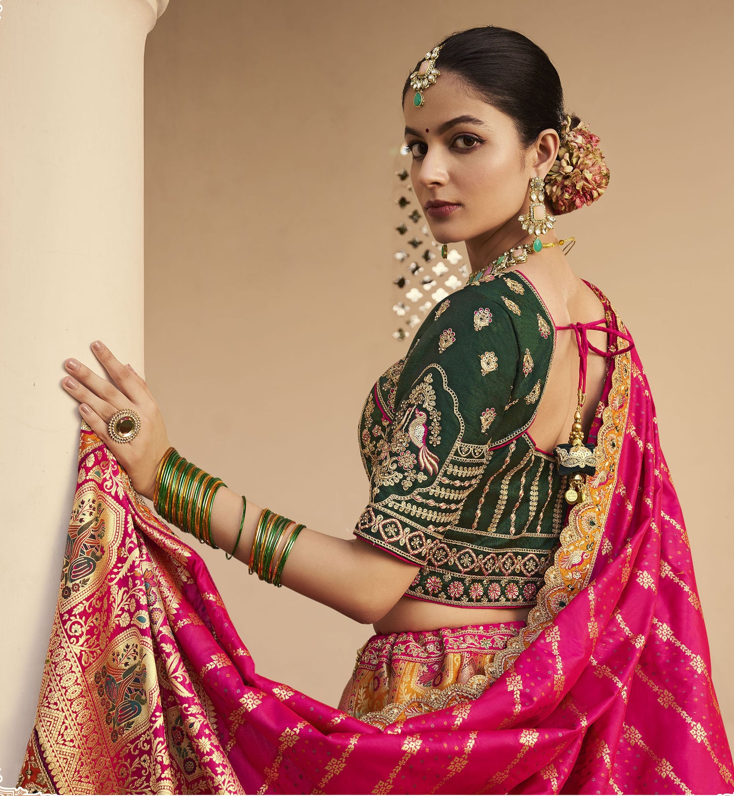 Green & Orange Zari Weaving Banarasi Silk Bridal Lehenga