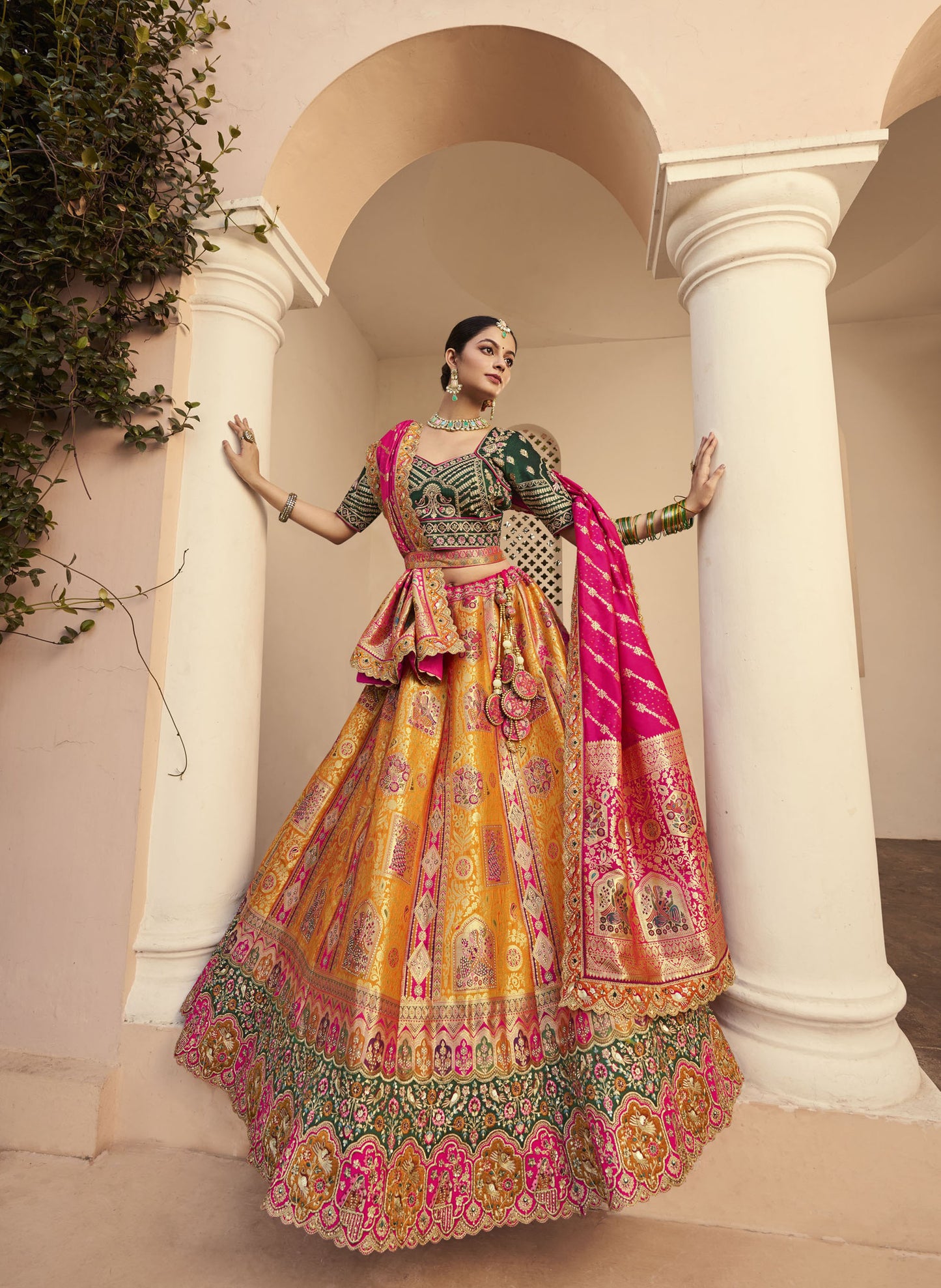 Green & Orange Zari Weaving Banarasi Silk Bridal Lehenga