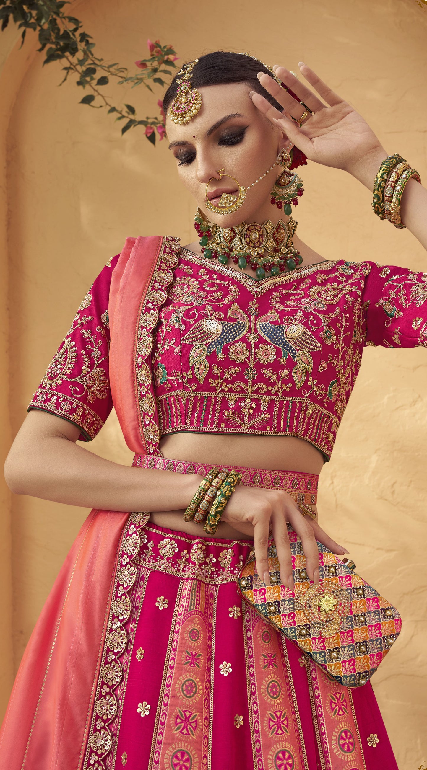 Pink & Peach Banarasi Silk Zarkan & Cutwork Embroidery Bridal Lehenga