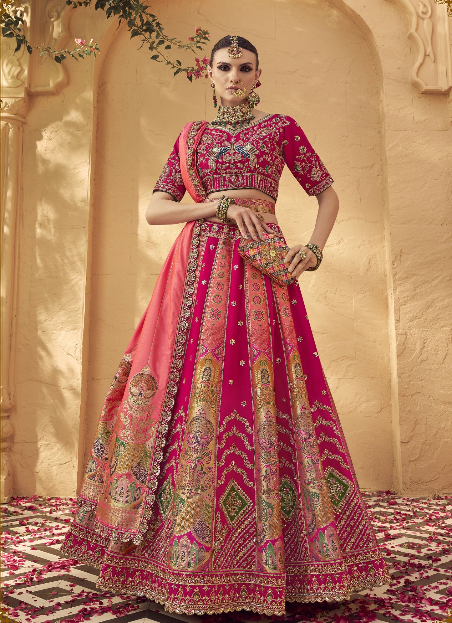 Pink & Peach Banarasi Silk Zarkan & Cutwork Embroidery Bridal Lehenga