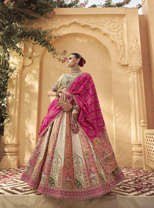 White & Pink Banarasi Silk Zarkan & Cutwork Embroidery Bridal Lehenga