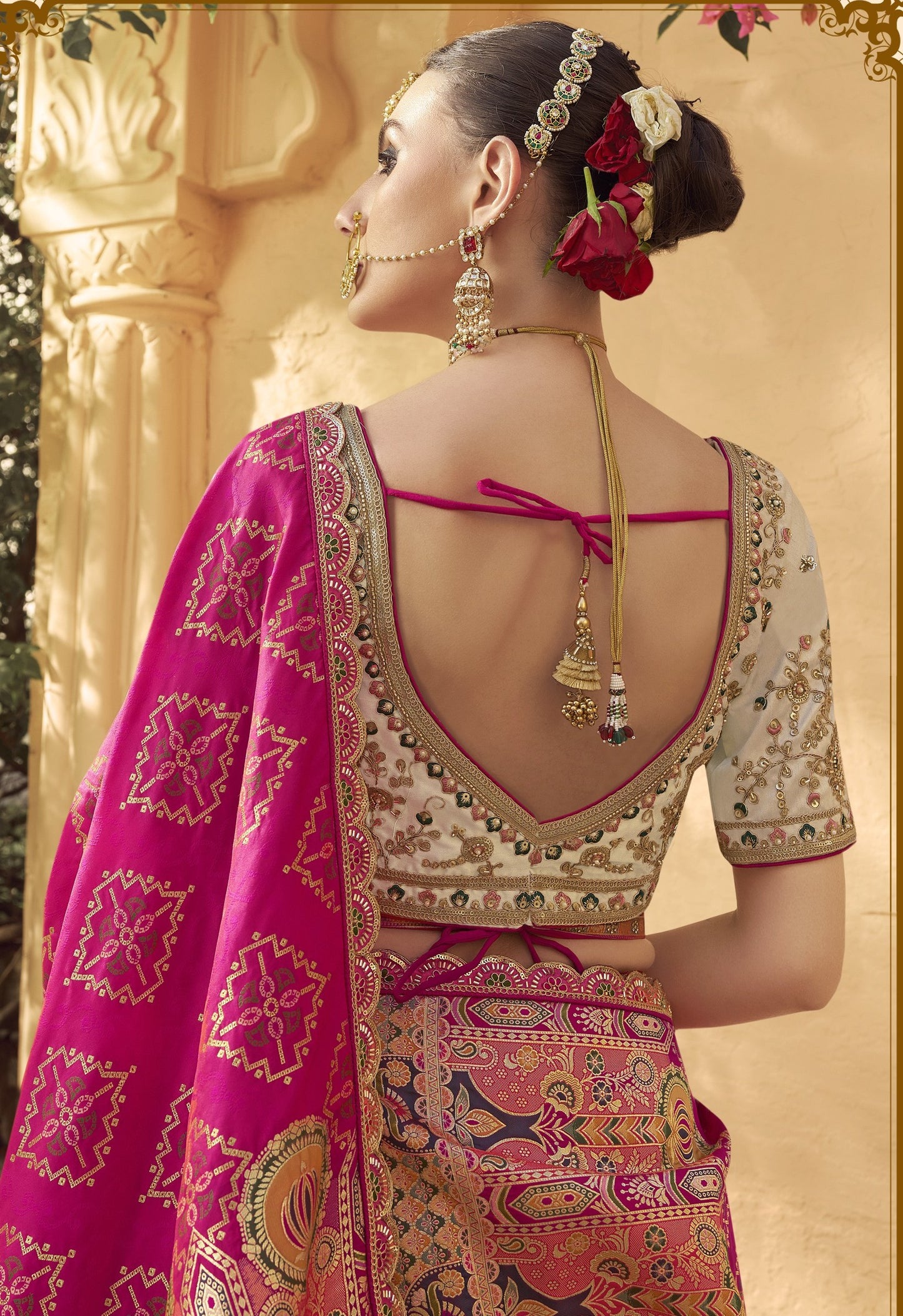 White & Pink Banarasi Silk Zarkan & Cutwork Embroidery Bridal Lehenga