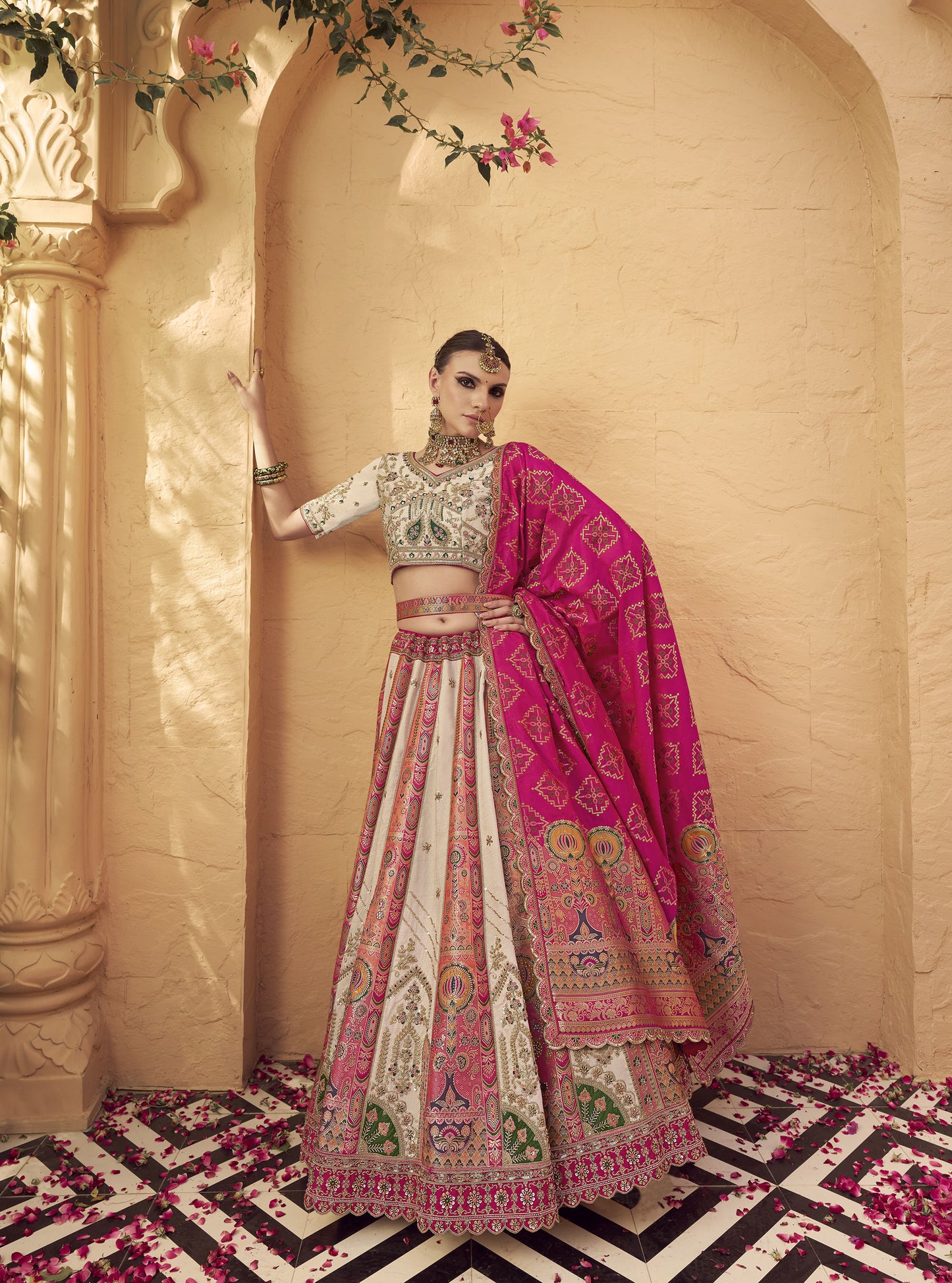 White & Pink Banarasi Silk Zarkan & Cutwork Embroidery Bridal Lehenga