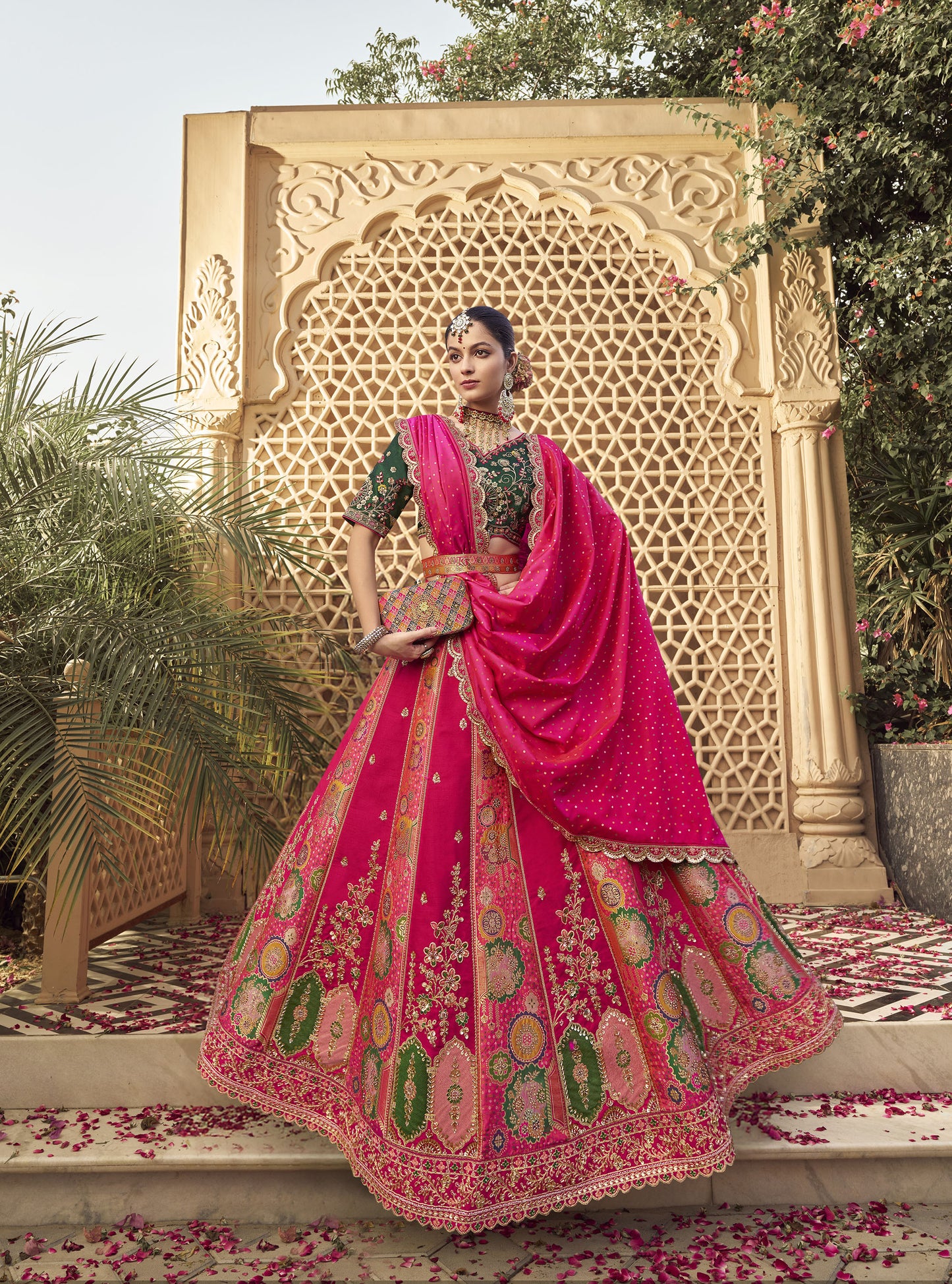 Green & Pink Banarasi Silk Zarkan & Cutwork Embroidery Bridal Lehenga