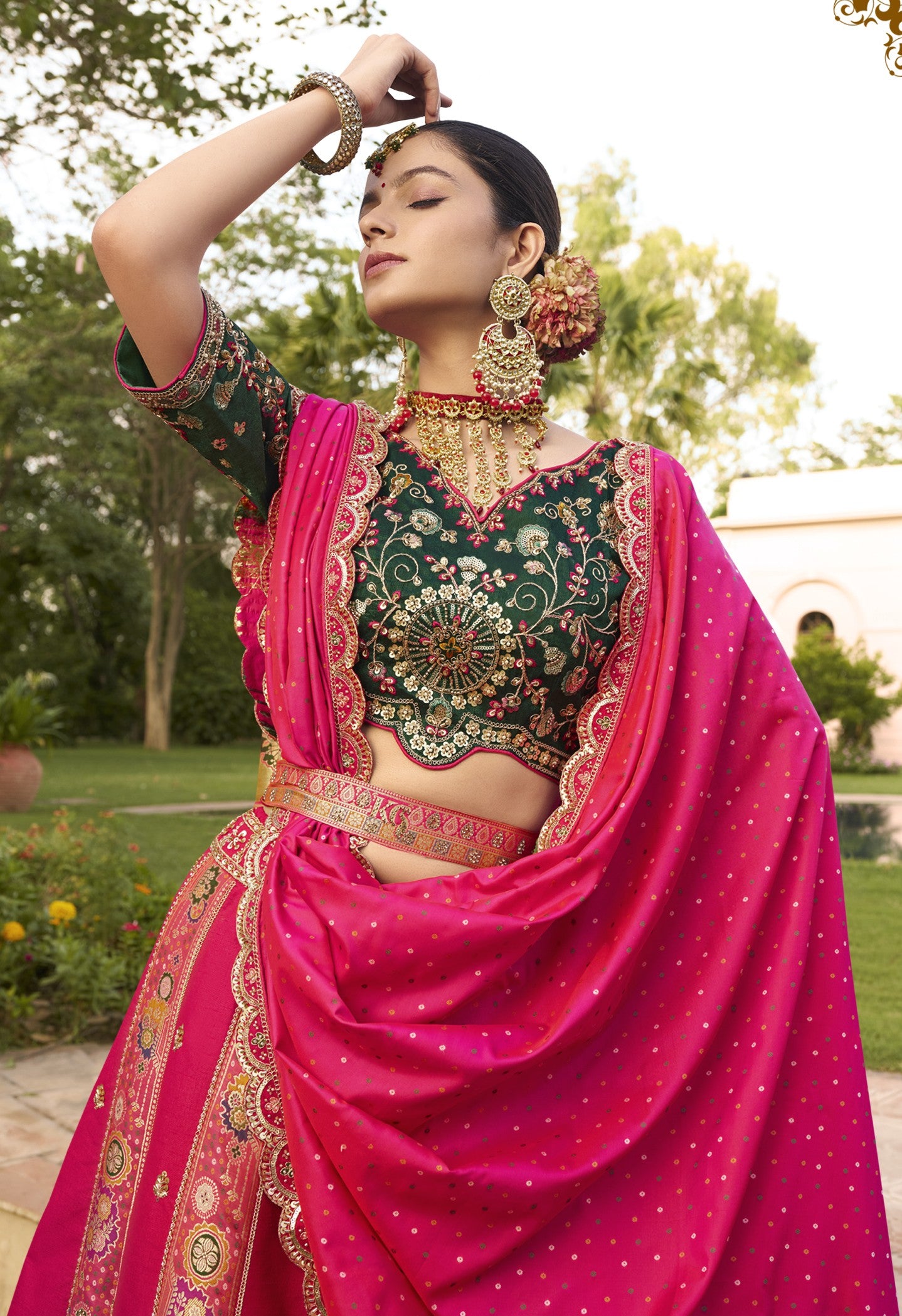 Green & Pink Banarasi Silk Zarkan & Cutwork Embroidery Bridal Lehenga