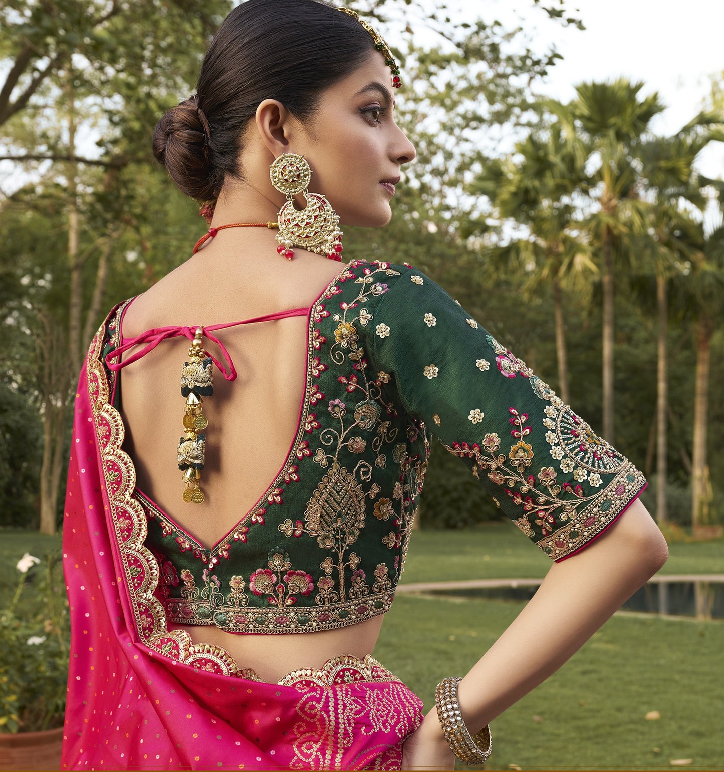 Green & Pink Banarasi Silk Zarkan & Cutwork Embroidery Bridal Lehenga