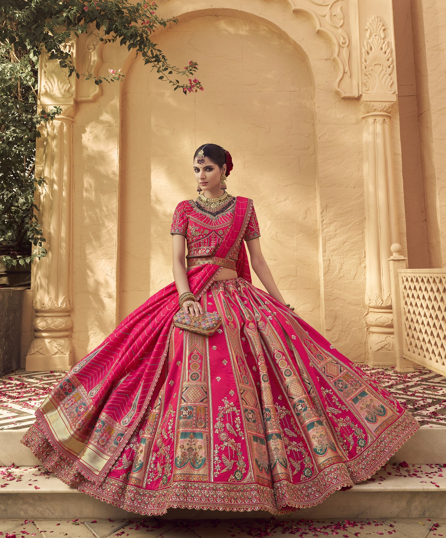 Dark Pink Banarasi Silk Zarkan & Cutwork Embroidery Bridal Lehenga