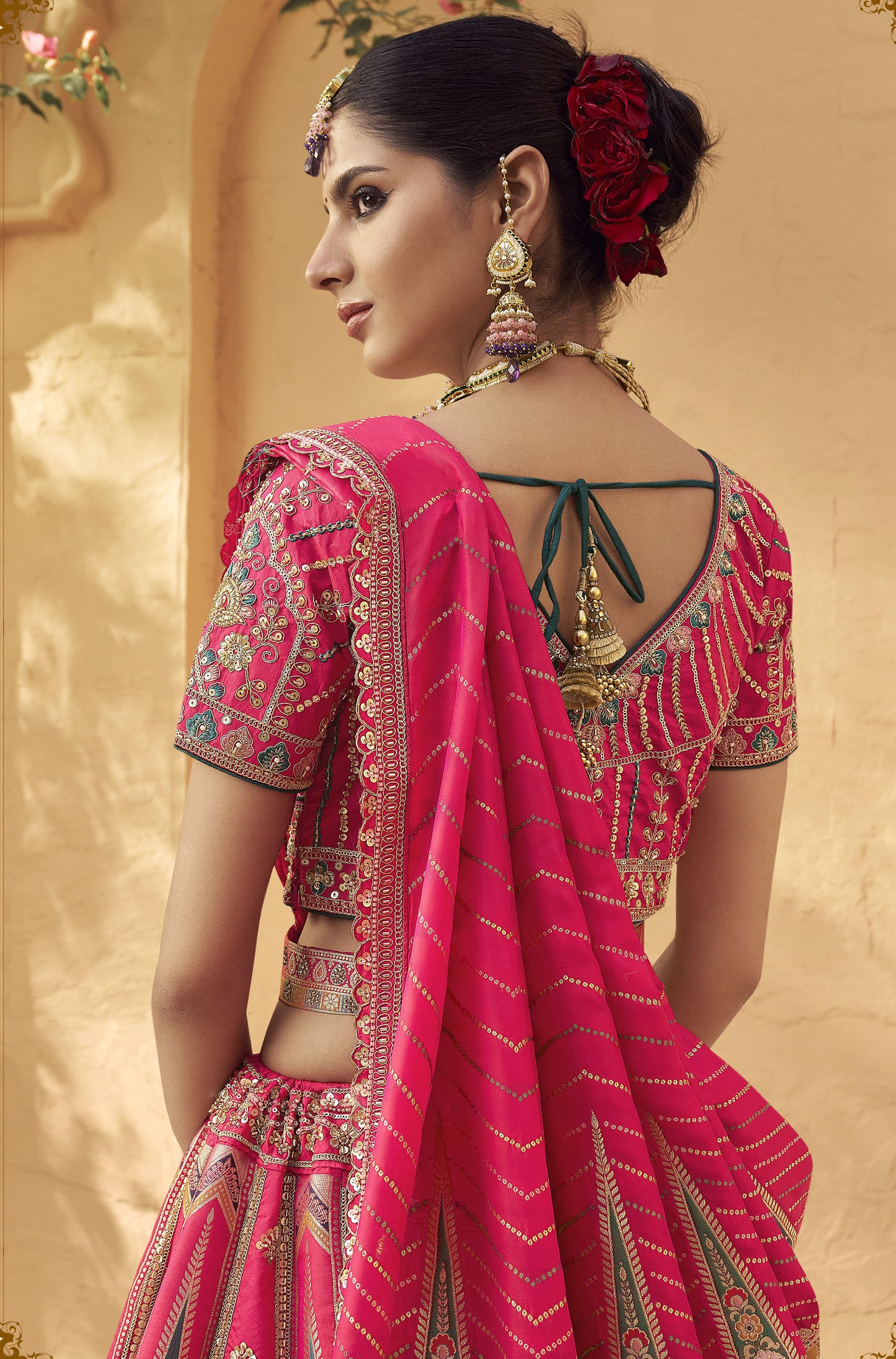 Dark Pink Banarasi Silk Zarkan & Cutwork Embroidery Bridal Lehenga
